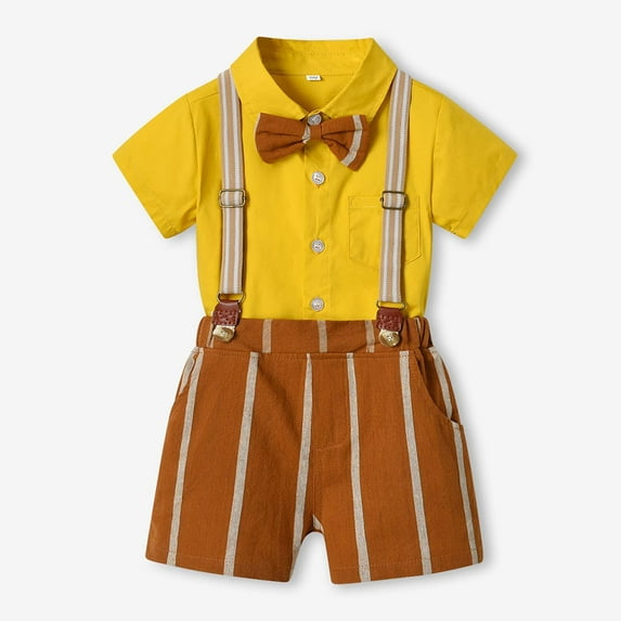 lkfuzj Baby Boys Gentleman Outfits Shorts Sets, Infant Shirt + Shorts + Bow Tie + Suspenders Boys Spring Short Sleeve Solid Color Top & Strap Shorts Suit Outfit Yellow