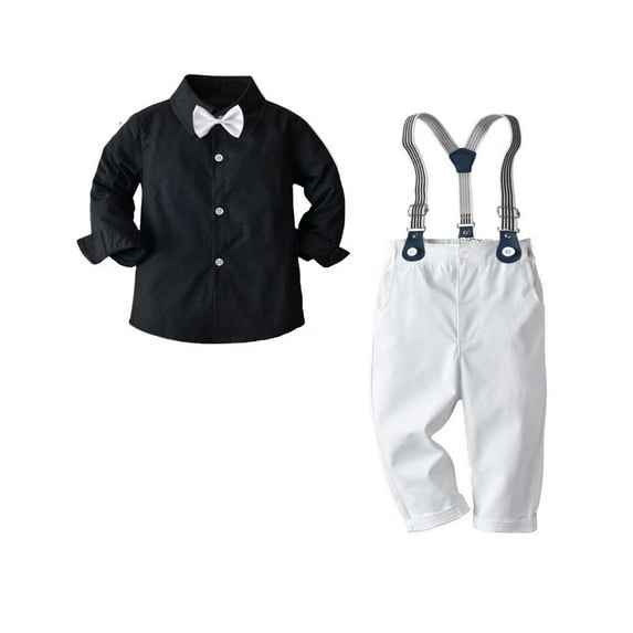 lkfuzj Baby Boys Gentleman Outfits Solid Long Sleeve Shirt Suspender Pants Bow Tie Overalls Clothes Sets Infant Gentleman Suspender Overall 2024 Fall Winter Outfits Black