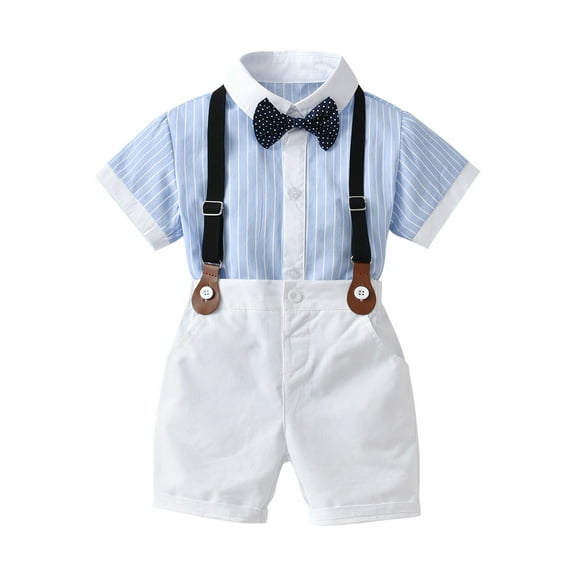 lkfuzj Baby Boys Gentleman Suit Clothes Summer Short Sleeve Top Shirt with Bowtie   Suspender Shorts 2024 New Clothes Outfits Set For Boys 2-9 Years White