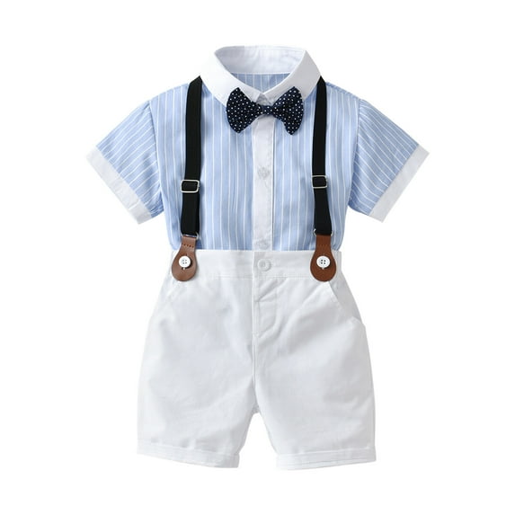 lkfuzj Baby Boys Gentleman Suit Clothes Summer Short Sleeve Top Shirt with Bowtie + Suspender Shorts 2024 New Clothes Outfits Set For Boys 2-9 Years White
