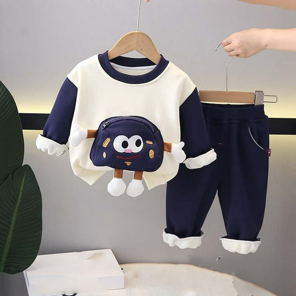 lkfuzj Baby Toddler Fleece Thickened Sweatsuit 2 pcs Set Boys Girls Cute Warm Fuzzy Fall Winter Sweatshirt Top Casual Pants Kids Loungewear Outfits - Blue