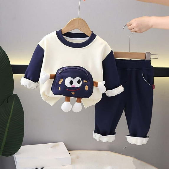 lkfuzj Baby Toddler Fleece Thickened Sweatsuit 2 pcs Set Boys Girls Cute Warm Fuzzy Fall Winter Sweatshirt Top+Casual Pants Kids Loungewear Outfits - Blue