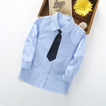lkfuzj Boys Dress Shirts Button Down Shirt Long Sleeve Boys Kids Shirts and Tie Sets Solid Color Uniforms 2-14 Years Blue