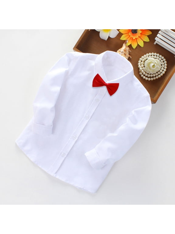 Boys Dress Shirts Button Down Shirt Long Sleeve Boys Kids Shirts and Tie Sets Solid Color Uniforms 2-14 Years White