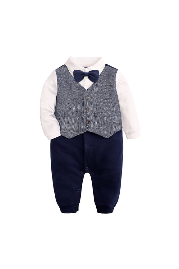 Boys Girls Clothing for Formal Newborn Infant Baby Cotton Bow Tie Gentleman Autumn Long Sleeve Romper Toddler Birthday Garment Jumpsuit Set - Gray