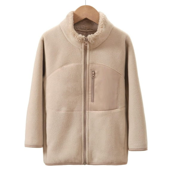 lkfuzj Boys Girls Full Zip Fleece Jacket Sherpa Outwear Toddlers Fall Winter Warm Windproof Stand Up Collar Coat Tops for 3-10Y - Khaki
