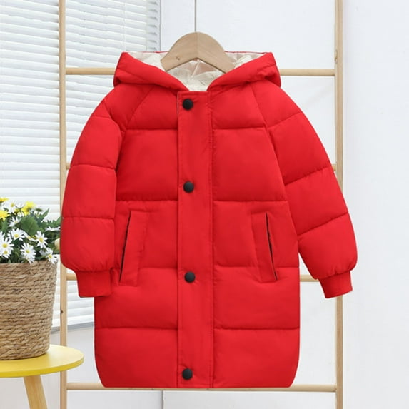 lkfuzj Boys Girls Long Down Coats New Winter Solid Color Puffer Jacket Long Sleeved Hooded Snowsuit Warm Casual Outwear Tops - Red