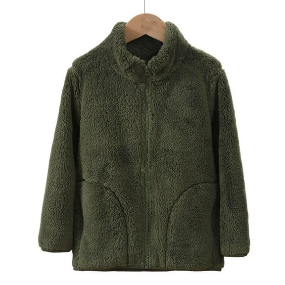 lkfuzj Boys Girls Plus Plush Coat Toddler Long Sleeve Winter Solid Zippered Coat Jacket Thicken Outerwear Youth Boy(3-16 Years) - Army Green
