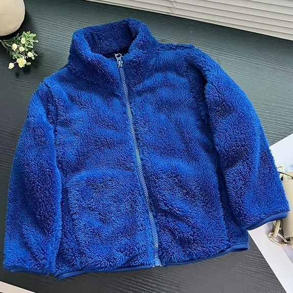 lkfuzj Boys Girls Toddlers' Polar Fleece Full-Zip Jacket Stand Collar Solid Color Sherpa Cardigan Long Sleeve Hoodless Casual Coat Tops - Blue