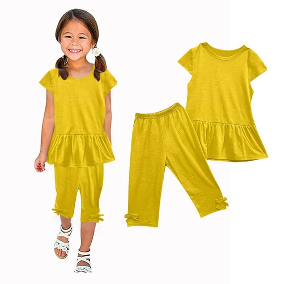 lkfuzj Casual Girl's 2 Piece Clothing Set Round Neck Solid Color Flutter Sleeve Ruffle Tops and Elastic Waist Cropped Trousers With bows Fashion Outfits Sets For Girls 1-10 Years Yellow