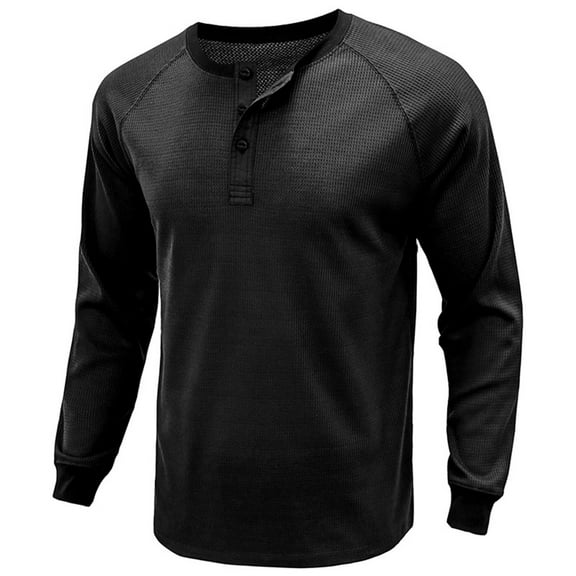 lkfuzj Fashion Men's Henley Shirts Classic Long Sleeve Basic Button Waffle T-Shirt Lightweight Pullover Tops - Black