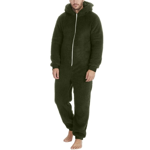 lkfuzj Fleece Jumpsuit Pajamas for Men Winter Warm Zip Up One Piece Hooded Sleepwear Soft Long Sleeve Hooded Jumpsuit Pajamas Casual Winter Warm Rompe Sleepwear Army Green