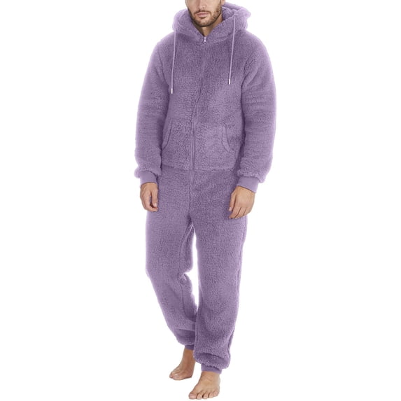 lkfuzj Fleece Jumpsuit Pajamas for Men Winter Warm Zip Up One Piece Hooded Sleepwear Soft Long Sleeve Hooded Jumpsuit Pajamas Casual Winter Warm Rompe Sleepwear Purple