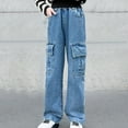 thumbnail image 1 of lkfuzj Girl's Casual Elastic Waist Denim Cargo Pants Straight Trousers with Pocket Spring And Summer Cute Solid Color Pocket Comfy Full Length Pants Jeans For Kids 3-14 Years Blue, 1 of 7