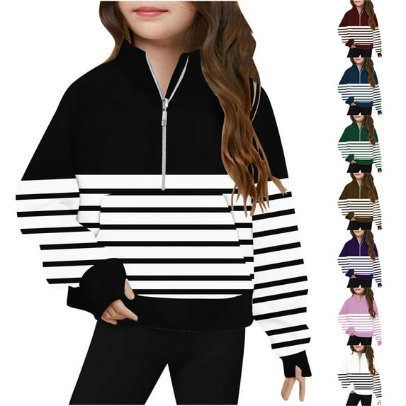 lkfuzj Girls' 1/4 Zipper Sweatshirts Casual Oversized Long Sleeve Pullover Tops Cute Half Zipper Colorblock Sweater Fashion Spring Clothes - Black