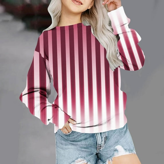 lkfuzj Girls Boys Pullover Crewneck Sweatshirt Long Sleeve Gradient Stripe Print Hoodless Tops Red