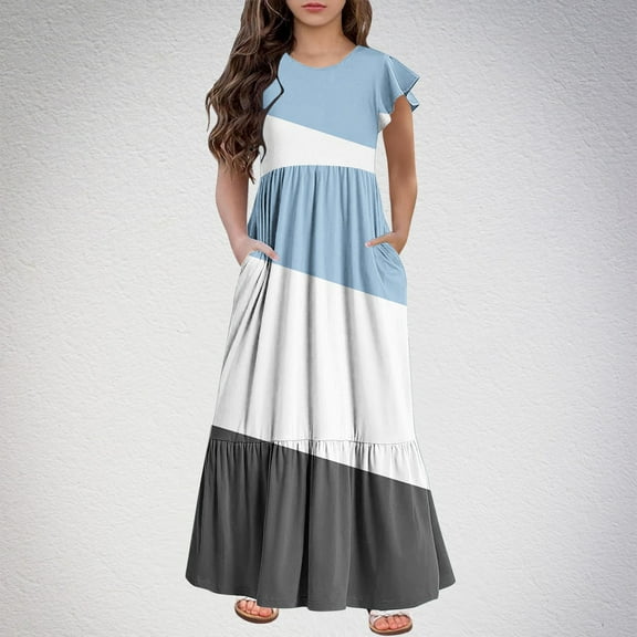 lkfuzj Girls Fashion Summer New Short Sleeves Round Neck Solid Color Dress Boho Tiered Swing Casual Short Dress with Pockets for 6-12 Years Sky Blue