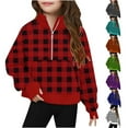 thumbnail image 1 of lkfuzj Girls Half Zip Sweatshirt Long Sleeve Pullover Crop Tops Kids Loose Lightweight Plaid Tops Fashion Spring Clothes - Orange, 1 of 5