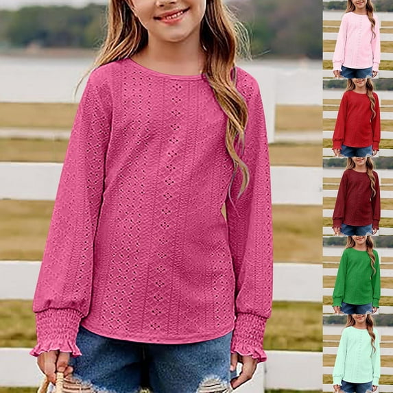 lkfuzj Girls Long Sleeve Hollow Out Shirts Kids Cute Crewneck Ruffle Cuffs Blouse Casual Solid Color Loose Fit Pullover Tops for Girls 6-14 Years - Red