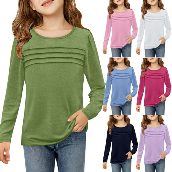 lkfuzj Girls Puff Long Sleeve Shirts Crew Neck Front Pleated Tops Casual Loose Dressy Pullover Blouses 2025 Fashion Spring Clothes for Kid 5-14 Years - Pink