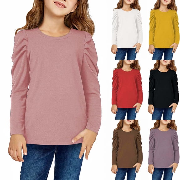 lkfuzj Girls Puff Long Sleeve Shirts Kids Casual Crewneck Soft Tunic Tops Blouse 2025 Fashion Spring Pullover Blouses for Kid 3-14 Years - White