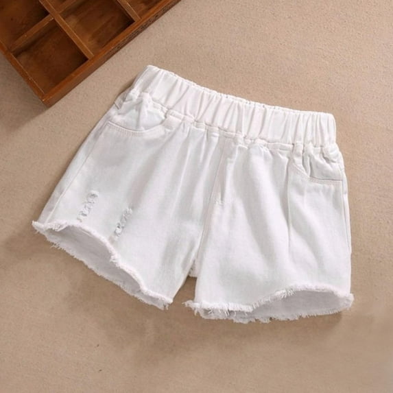 lkfuzj Girls Shorts Summer Denim Shorts Solid Color And Versatile Elastic And Perforated Hot Pants Worn As Outerwear Denim Shorts for 3-10 Years - White