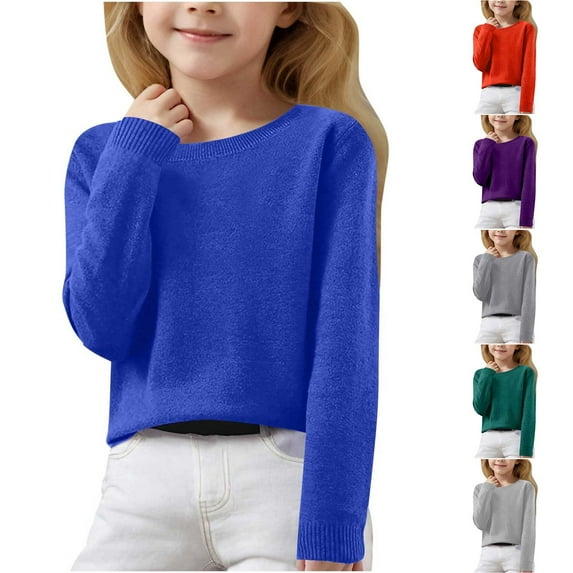 lkfuzj Girls Sweaters Casual Long Sleeve Tunic Shirts Crewneck Warm Solid Color Knit Pullover Tops 6-15Y - Dark Gray