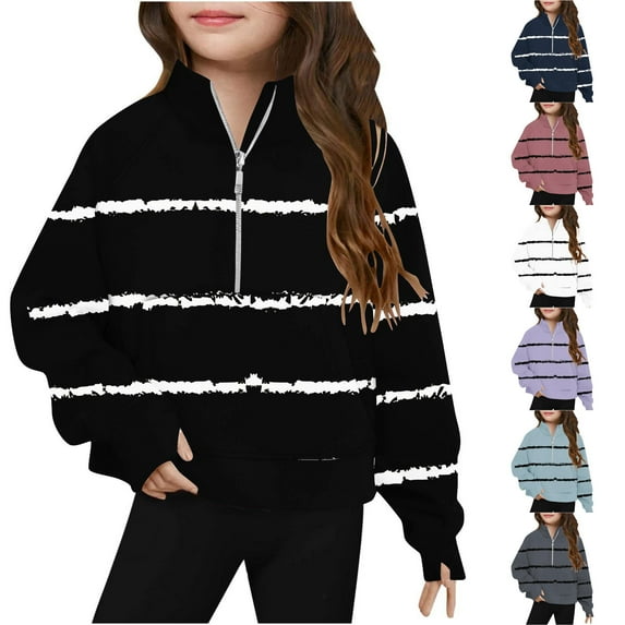lkfuzj Girls' Sweatshirts Half Zipper Pullover Crop Tops for Teen Girls Casual Loose Striped Long Sleeve Shirts with Pocket - Purple