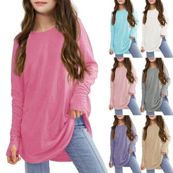lkfuzj Girls Thumb Holes Long Sleeve Shirts Kids Crewneck Hem Loose Tunic Tops 2025 Fashion Spring Pullover Blouses for Kid 3-14 Years - Khaki
