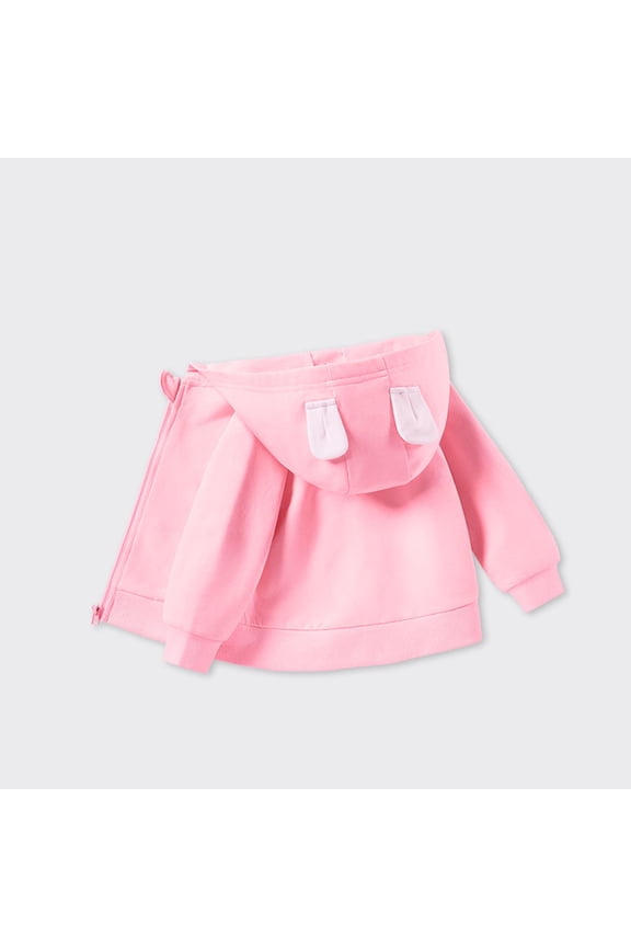 Kids Cotton Sweatshirt Jacket Fall Autumn Solid Color Rabbit Ears Hooded Sweater Coat Boys Girls Zipper Cardigan Outerwear Tops - Pink