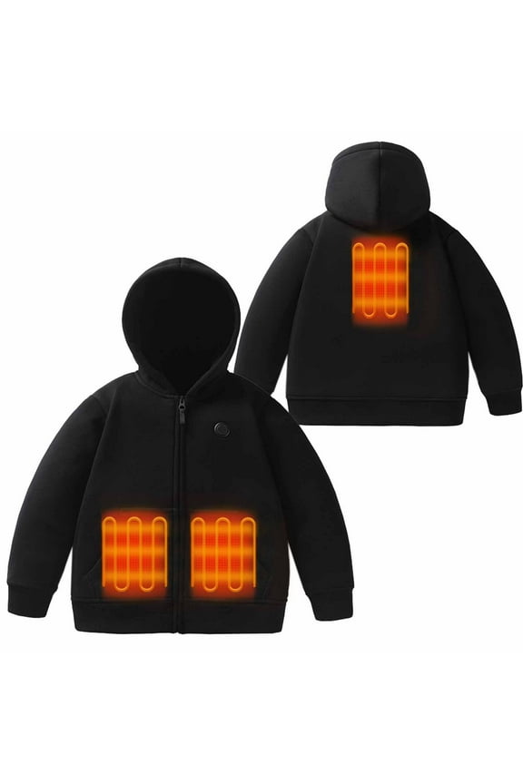 Kids Heated Jacket,Polar Fleece 3 Heating Zones Heated Warming Outerwear Tops,Body Warmer Hoodies,Kids Gilet USB Charging Heated Coat Tops for 4-14 Years(Without Battery Pack) - Black