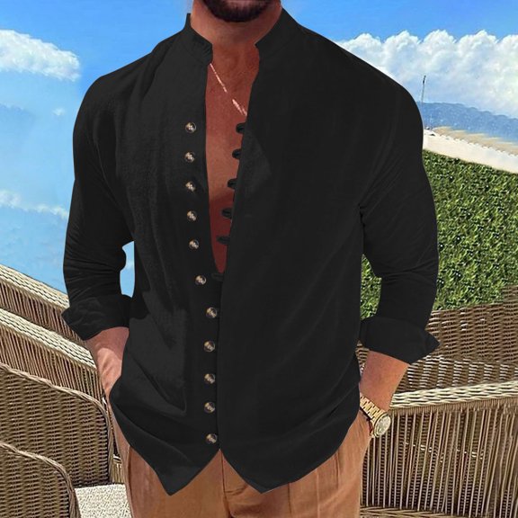 lkfuzj Long Sleeve Shirts For Men Cotton Standup Collar Blouse Casual Button Down Dress Shirts Lightweight Tee Tops - Black