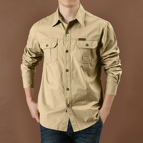 lkfuzj Long Sleeve Shirts For Men Turndown Collar Cotton Tees Casual Solid Button Shirts Casual Lightweight Blouse Tops With Pockets - Khaki