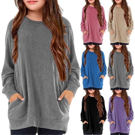 lkfuzj Long Sleeve Shirts for Girls 6-13 Years Casual Loose Crewneck Pullover Tops with Pockets 2025 Fashion Spring Clothes for Kids - Black