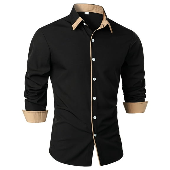 lkfuzj Men Casual Fashion Patchwork Plaid Turn-down Collar Button Long Sleeve Shirt Blouse Black