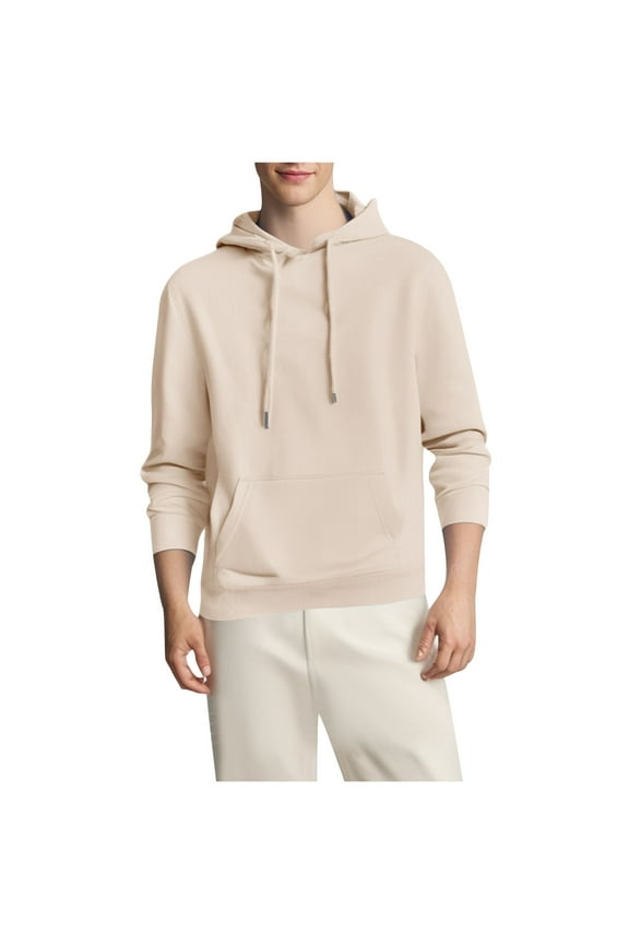 Men Casual Fleece Hooded Sweatshirt Fashion Pocket Long Sleeve Warm Pullover Tops Solid Drawstring Athletic Workout Hoodies Tops - Khaki