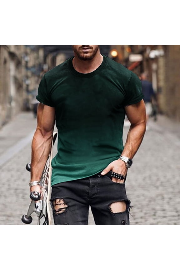 Men Casual Round Neck Printing Pullover Fitness Sports Shorts Sleeves T Shirt Blouse Chic Summer Tops For Men Cool Mens Tops Army Green
