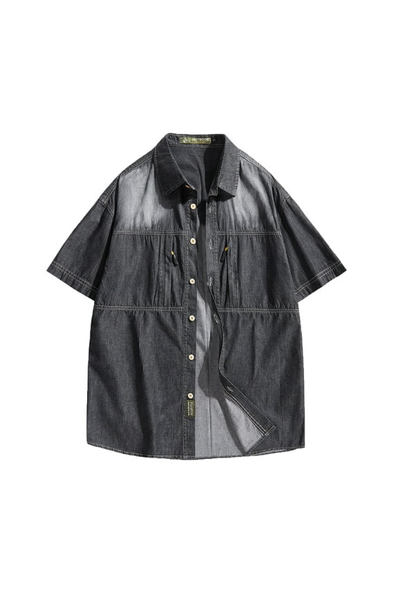 Men Casual With Button Pockets Turndown Button Denim Short Sleeve Shirt Blouse Chic Summer Men's Tops Charming Summer Mens Clothing Black