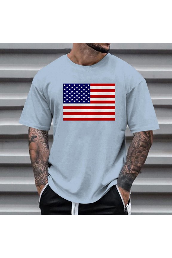 Men Print Round Neck Casual Fashion Short Sleeve Round-Neck Blouses Shirts Chic Summer Men's Tops Cool Summer Mens Clothing Light Blue