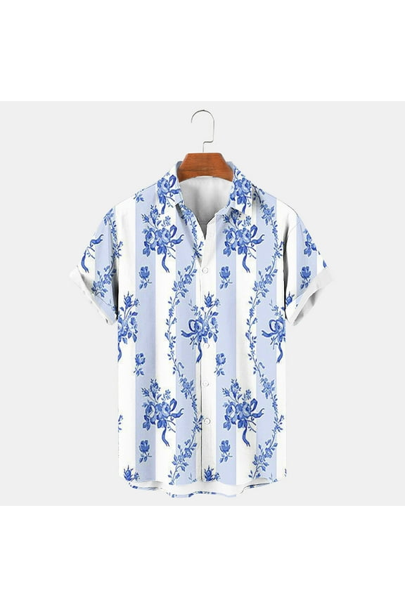 Men Shirt Print Short Sleeve Males Funny Tropical Casual Hawaiian Beach Shirt Chic Summer Tops For Men Cool Mens Shirts Tops Light Blue