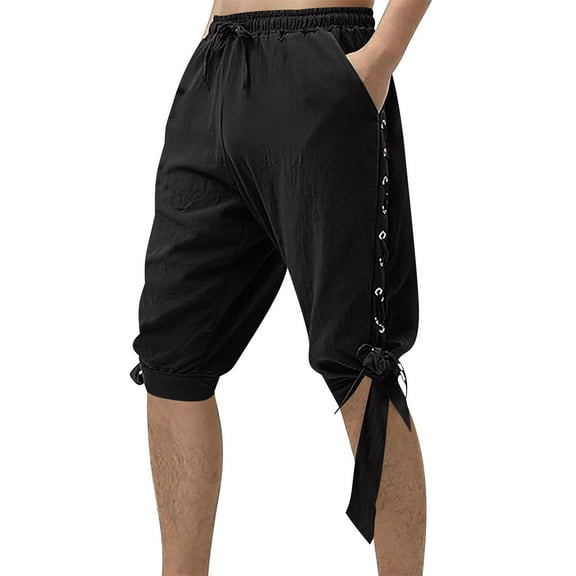 lkfuzj Men's 100% Polyester Elastic Waist Adjustable Drawstring Pirate Pants with Lace-Up Cuffs for Halloween Cosplay Daily Outdoor Activities