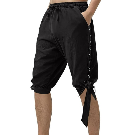 lkfuzj Men's 100% Polyester Elastic Waist Adjustable Drawstring Pirate Pants with Lace-Up Cuffs for Halloween Cosplay Daily Outdoor Activities