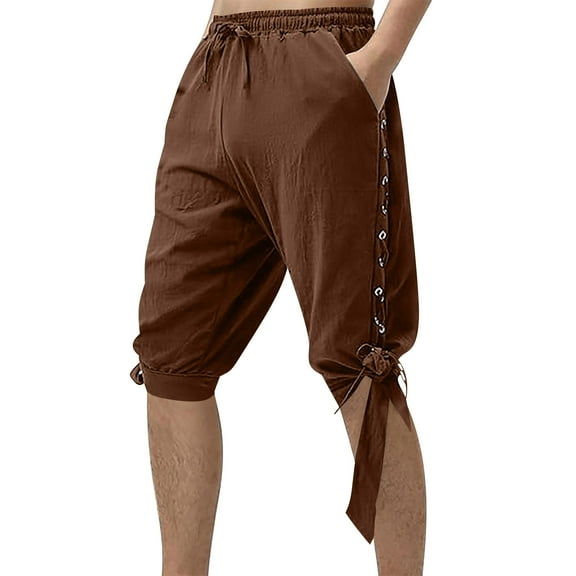 lkfuzj Men's 100% Polyester Elastic Waist Adjustable Drawstring Pirate Pants with Lace-Up Cuffs for Halloween Cosplay Daily Outdoor Activities