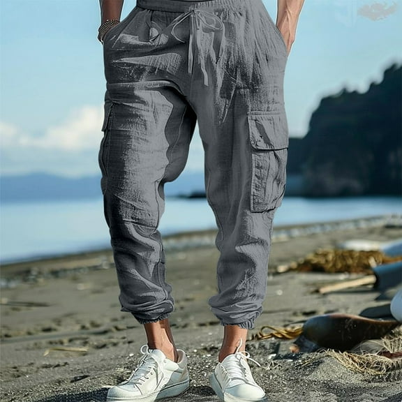 lkfuzj Men's All-season Breathable Cotton Drawstring Multi-Pocket Casual Pants for Outdoor Daily Activities