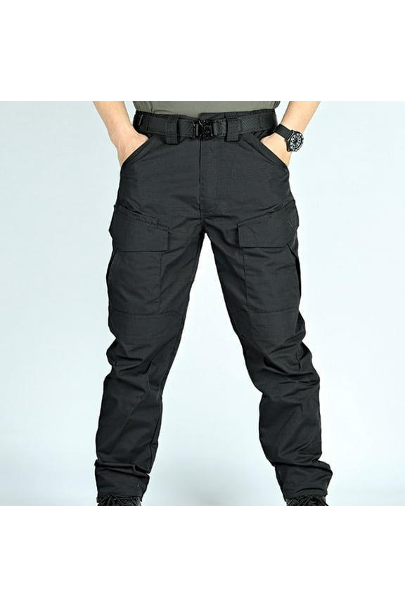 Men's All-season Breathable Polyester Cotton Multi-Pocket Cargo Pants with Elastic Waist for Outdoor Casual Daily Activities