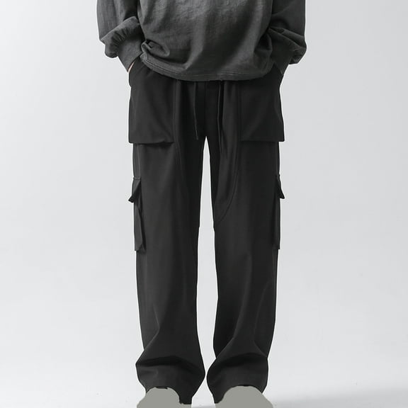 lkfuzj Men's All-season Polyester Elastic Waist Multi-Pocket Workwear Pants with Rope Tie for Outdoor Daily Casual Activities