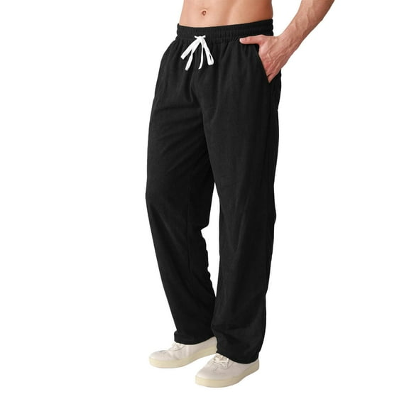 lkfuzj Men’s Breathable Linen-Blend Casual Pants | Loose Straight Leg with Adjustable Drawstring Waist | Lightweight Outdoor Jogging, Travel & Beach Pants for Sports & Daily Wear