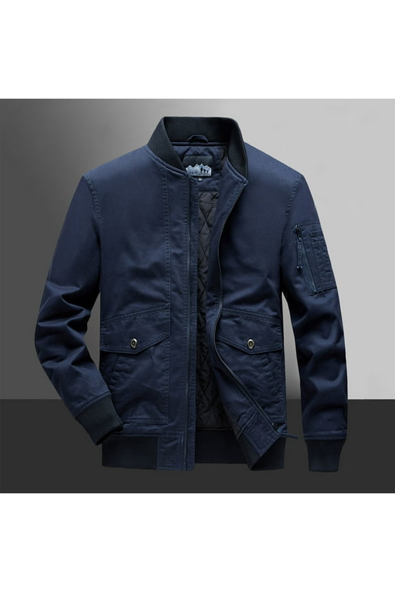 Men's Casual Bomber Jacket, Outdoor Fall/Winter Zip-Up Twill Cotton Warm Work Flight Jacketwith Multi-Pocket - Navy