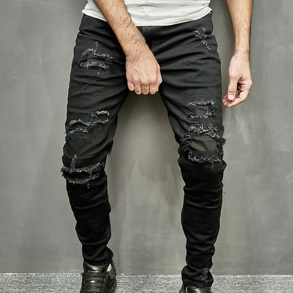 lkfuzj Men's Casual Denim Cotton Straight Ripped Hole Trousers Pants Full Length Pants Comfortable Sweatpants Cool Workout Bottoms Mens Trendy Trousers for Athletic Jogging Training Casual Black
