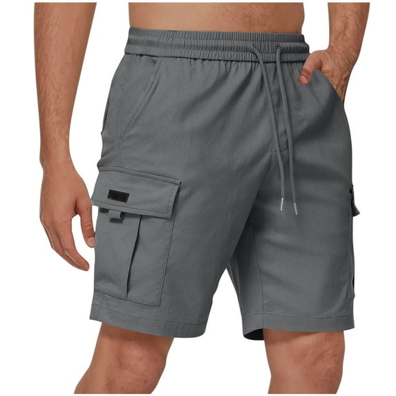 lkfuzj Men's Casual Drawstring Elastic Waist Solid Knee Length Cargo Shorts with Pockets, Comfortable Breathable Cotton Polyester,Straight Leg for Outdoor, Daily Wear